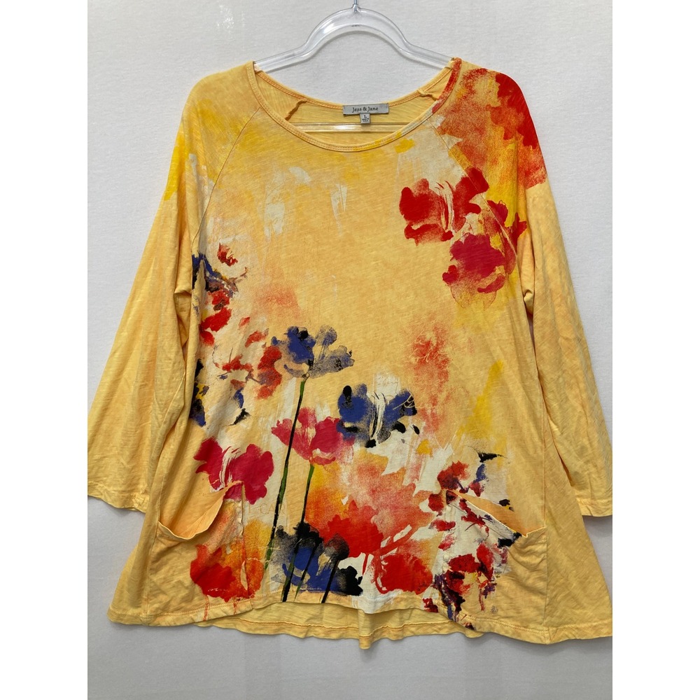 Jess & Jane Tunic Top Large Yellow Floral Artsy Slub Knit Pockets Art to Wear